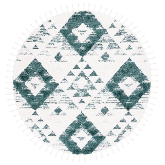SAFAVIEH Moroccan Tassel Larry Geometric Shag Area Rug, Green/Ivory, 6'7" x 6'7" Round