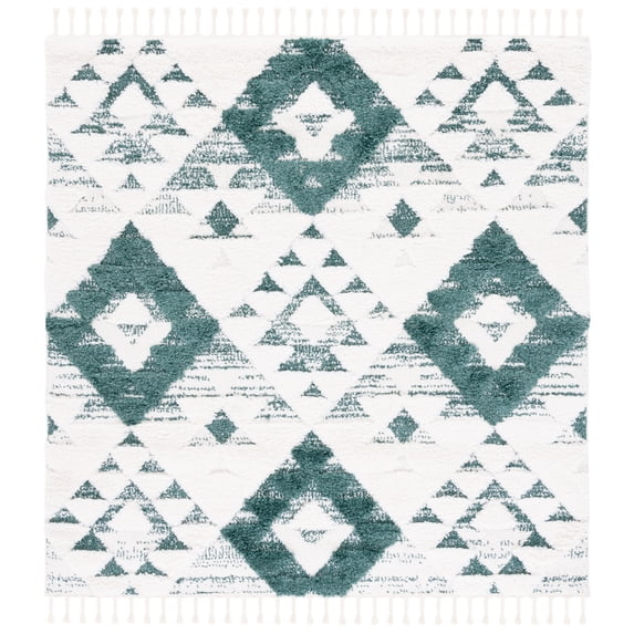 SAFAVIEH Moroccan Tassel Larry Geometric Shag Area Rug, Green/Ivory, 6'7" x 6'7" Square