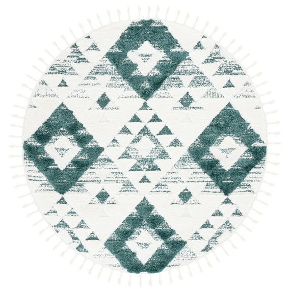 SAFAVIEH Moroccan Tassel Larry Geometric Shag Area Rug, Green/Ivory, 8' x 8' Round