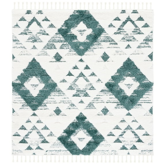 SAFAVIEH Moroccan Tassel Larry Geometric Shag Area Rug, Green/Ivory, 8' x 8' Square