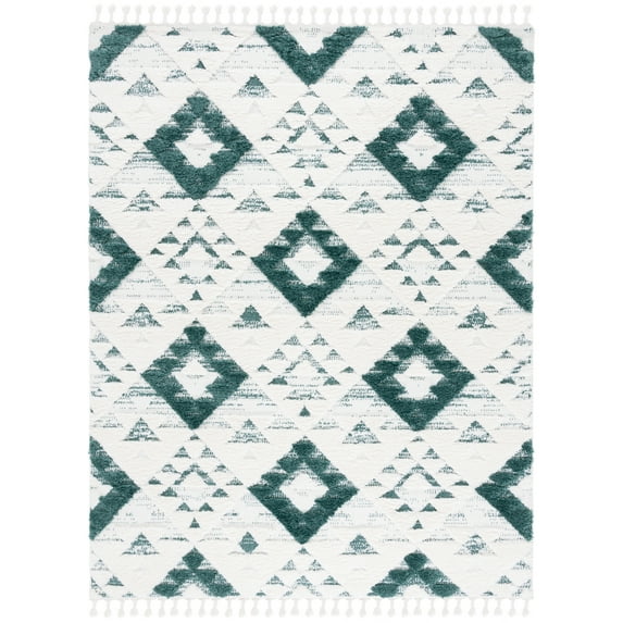 SAFAVIEH Moroccan Tassel Larry Geometric Shag Area Rug, Green/Ivory, 9' x 12'