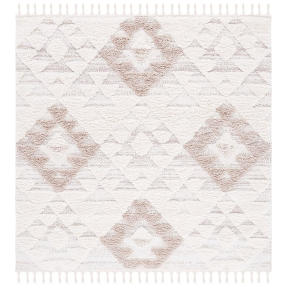 SAFAVIEH Moroccan Tassel Larry Geometric Shag Area Rug, Ivory/Beige, 6'7" x 6'7" Square