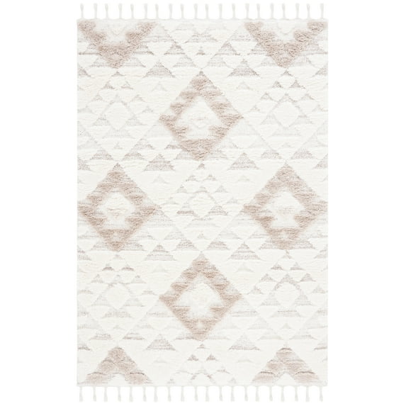 SAFAVIEH Moroccan Tassel Larry Geometric Shag Area Rug, Ivory/Beige, 6'7" x 9'2"