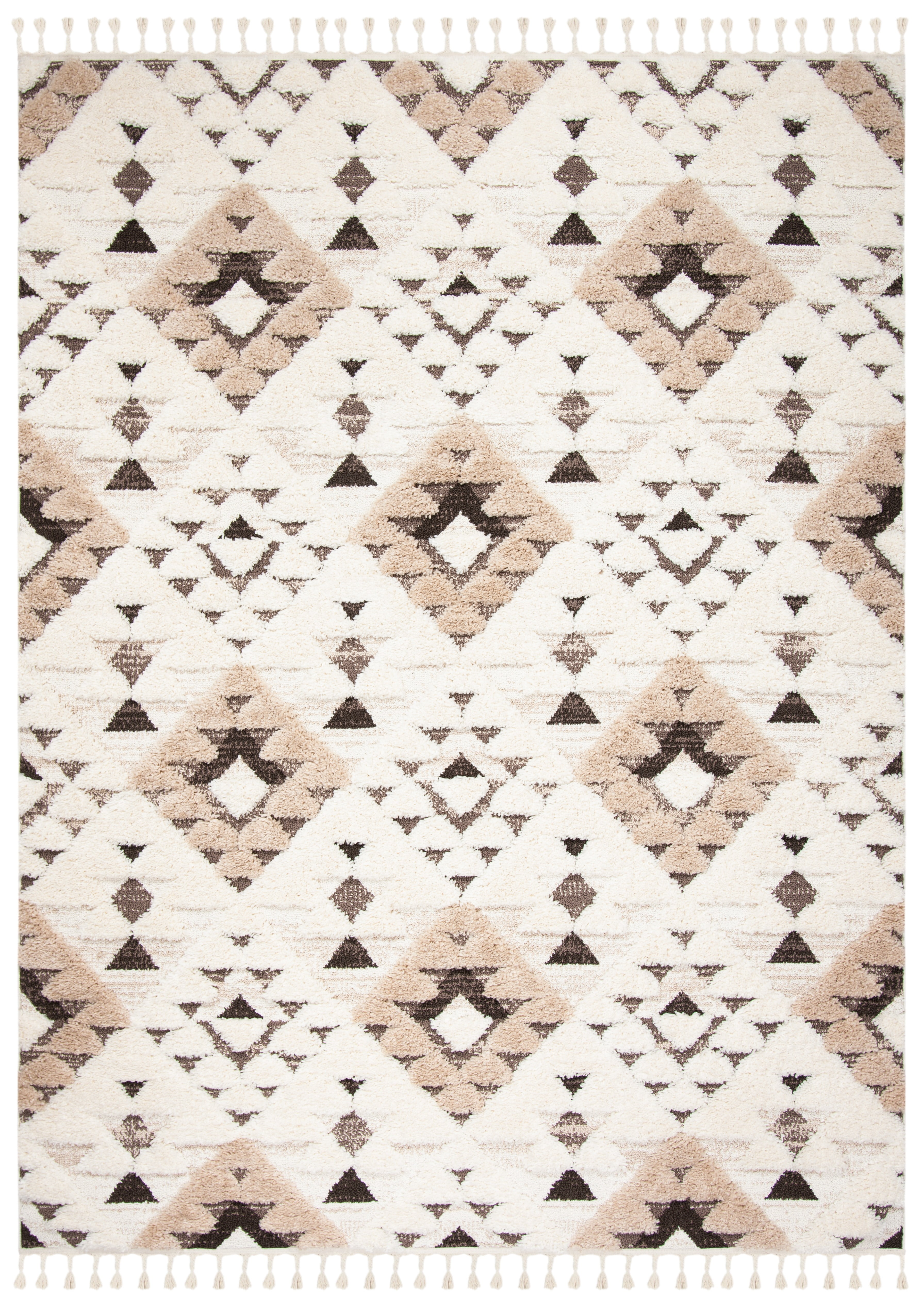 Ivory and Brown Diamond Shag Wool Area Rug with Braided Tassels