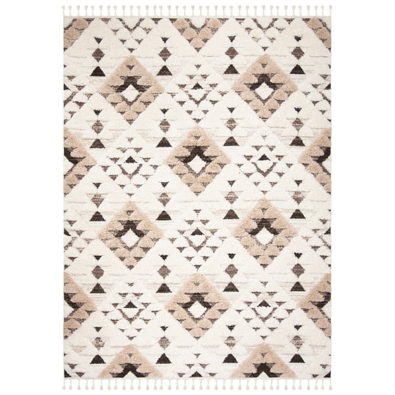 SAFAVIEH Moroccan Tassel Larry Geometric Shag Area Rug, Ivory/Brown, 10' x 14'