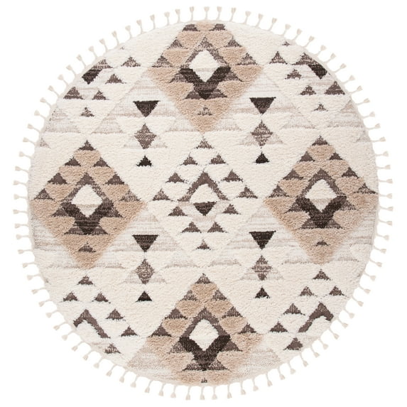 SAFAVIEH Moroccan Tassel Larry Geometric Shag Area Rug, Ivory/Brown, 12' x 12' Round