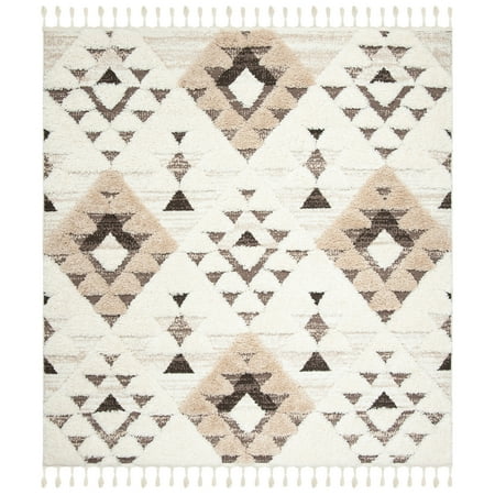 SAFAVIEH Moroccan Tassel Larry Geometric Shag Area Rug, Ivory/Brown, 12' x 12' Square