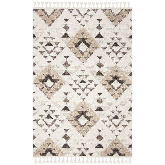 SAFAVIEH Moroccan Tassel Larry Geometric Shag Area Rug, Ivory/Brown, 6'7" x 9'2"