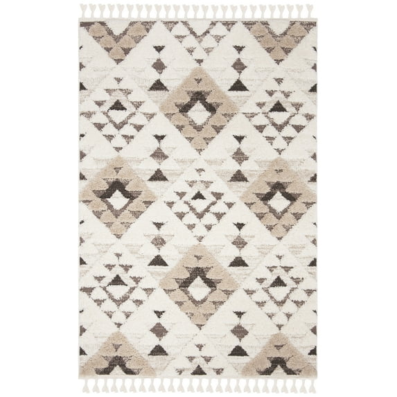 SAFAVIEH Moroccan Tassel Larry Geometric Shag Area Rug, Ivory/Brown, 6' x 8'