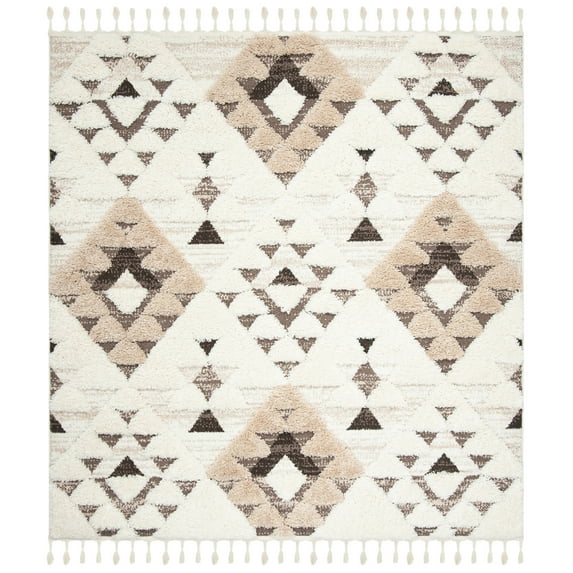 SAFAVIEH Moroccan Tassel Larry Geometric Shag Area Rug, Ivory/Brown, 8' x 8' Square
