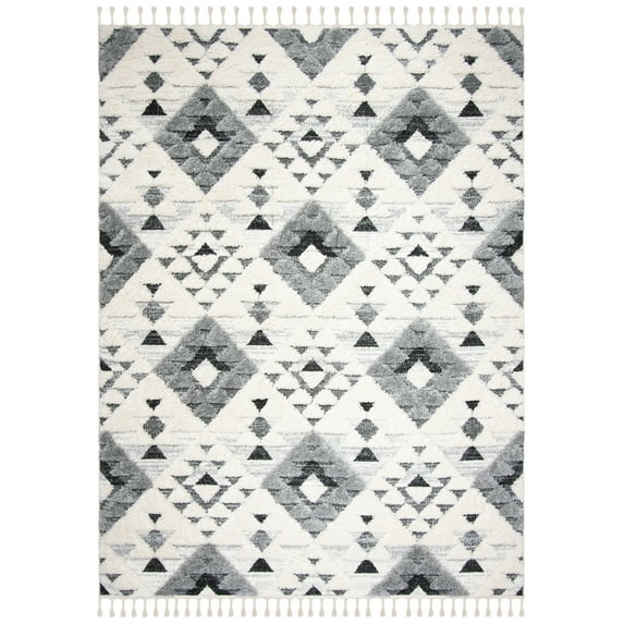 SAFAVIEH Moroccan Tassel Larry Geometric Shag Area Rug, Ivory/Grey, 10' x 14'