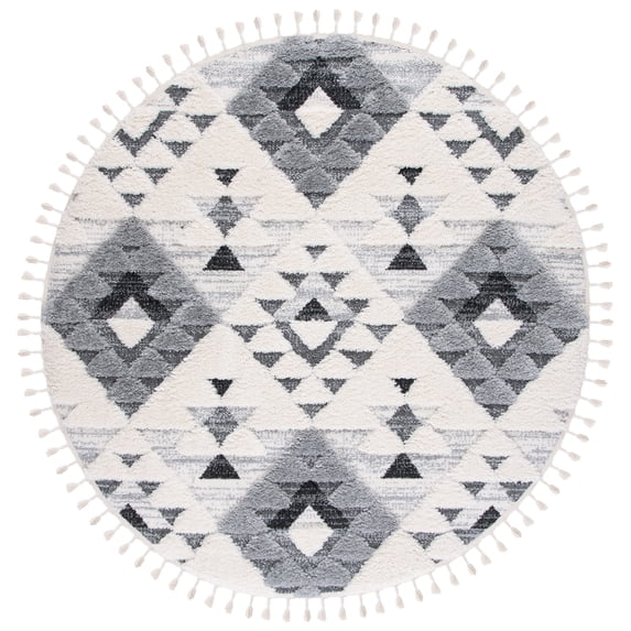 SAFAVIEH Moroccan Tassel Larry Geometric Shag Area Rug, Ivory/Grey, 11' x 11' Round
