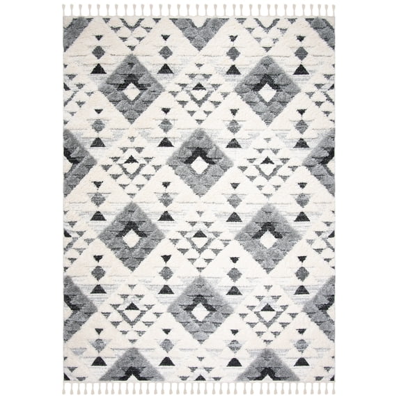 SAFAVIEH Moroccan Tassel Larry Geometric Shag Area Rug, Ivory/Grey, 11' x 15'