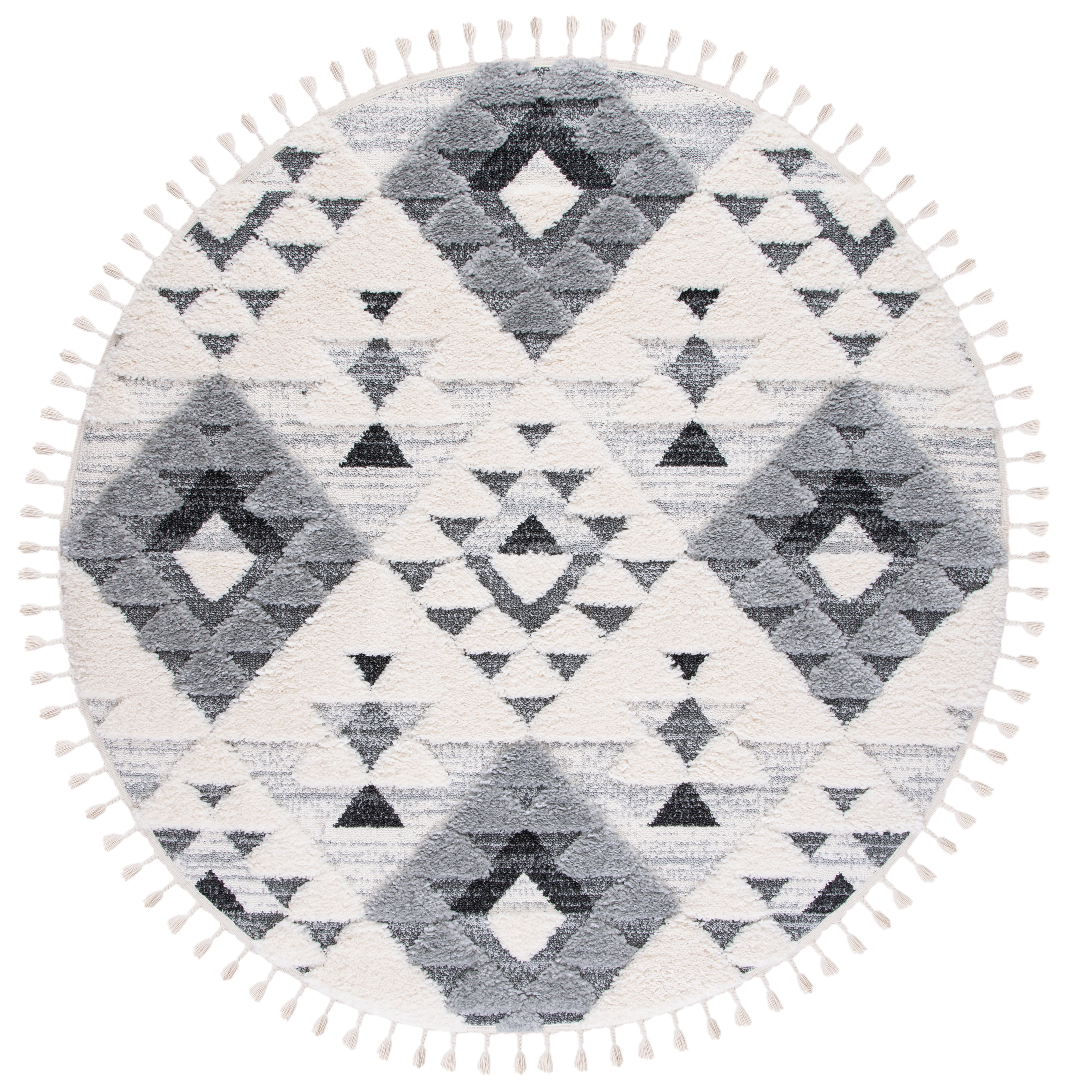 Ivory and Grey Diamond Braided Shag Rug, 3 ft Round