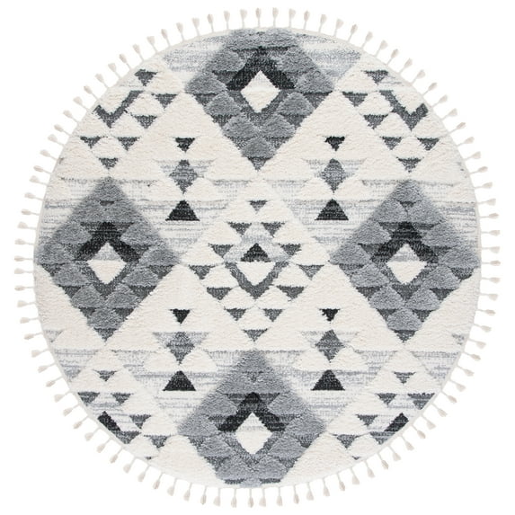 SAFAVIEH Moroccan Tassel Larry Geometric Shag Area Rug, Ivory/Grey, 5'3" x 5'3" Round