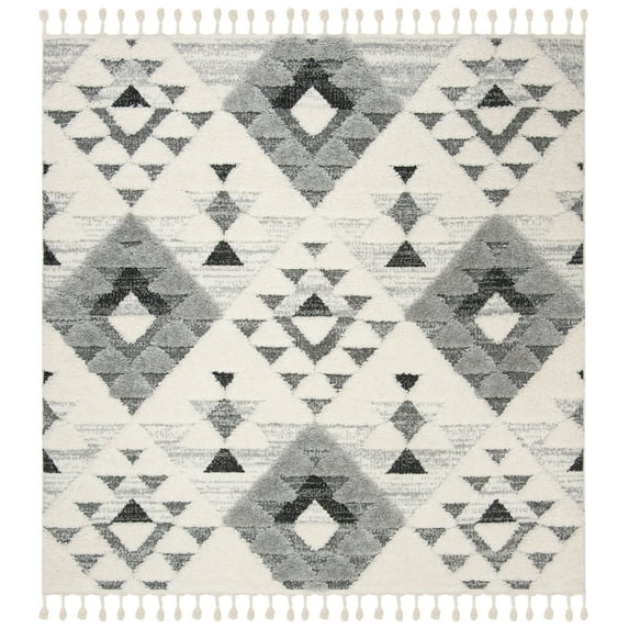 SAFAVIEH Moroccan Tassel Larry Geometric Shag Area Rug, Ivory/Grey, 5'3" x 5'3" Square