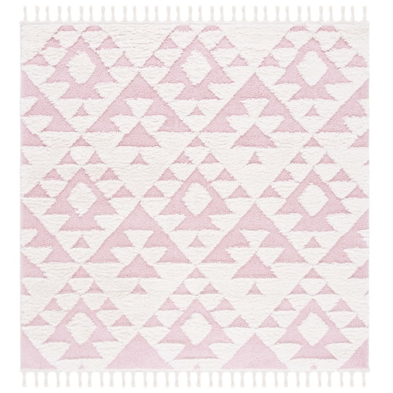 SAFAVIEH Moroccan Tassel Larry Geometric Shag Area Rug, Ivory/Pink, 6'7" x 6'7" Square