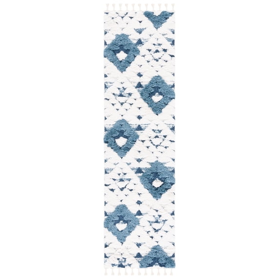 SAFAVIEH Moroccan Tassel Larry Geometric Shag Runner Rug, Blue/Ivory, 2'3" x 10'