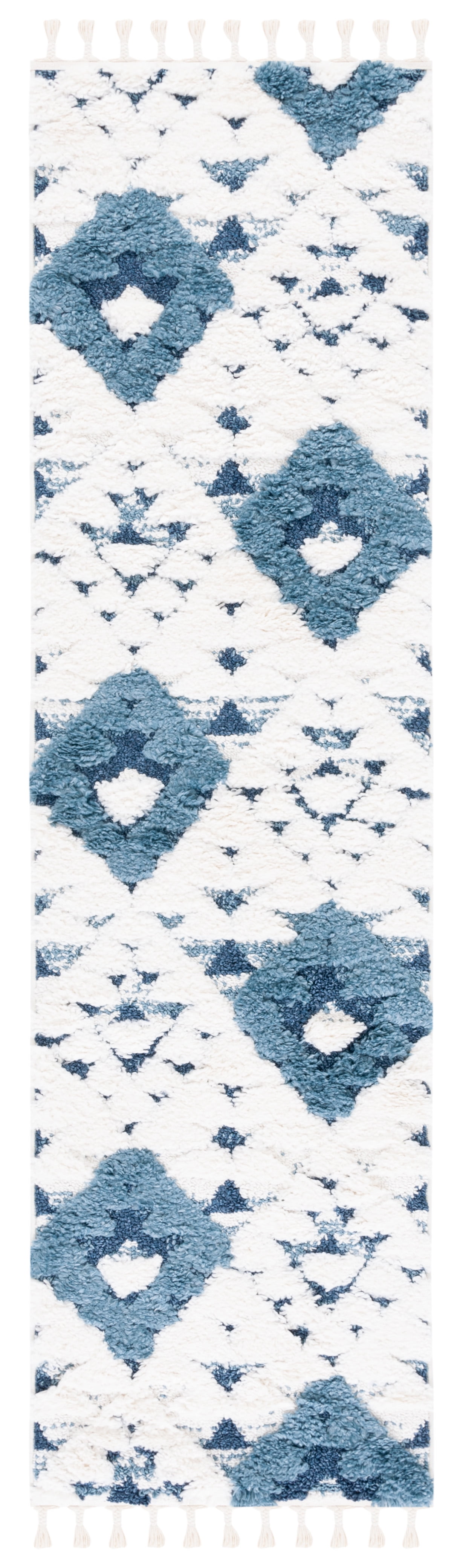 SAFAVIEH Moroccan Tassel Larry Geometric Shag Runner Rug, Blue/Ivory, 2 ...
