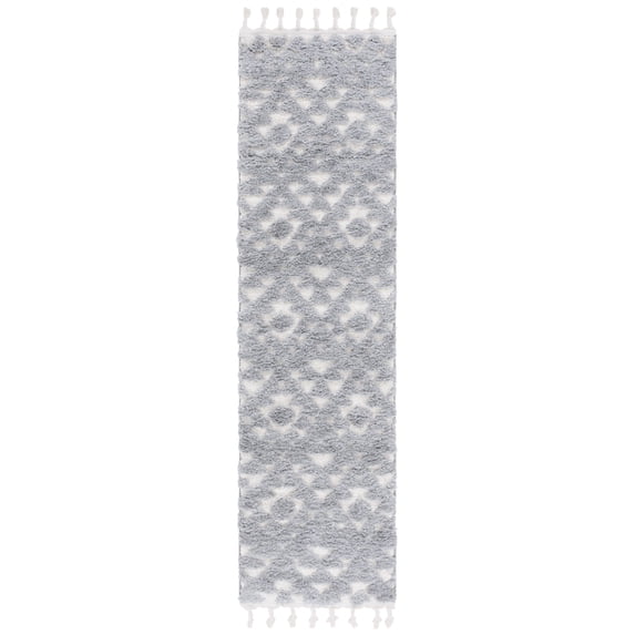 SAFAVIEH Moroccan Tassel Larry Geometric Shag Runner Rug, Gray/Ivory, 2'3" x 8'