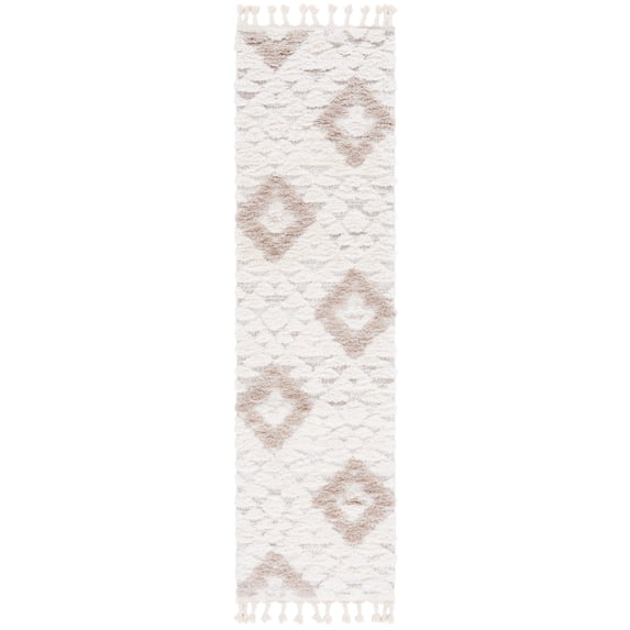 SAFAVIEH Moroccan Tassel Larry Geometric Shag Runner Rug, Ivory/Beige, 2'3" x 6'