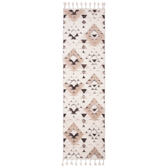 SAFAVIEH Moroccan Tassel Larry Geometric Shag Runner Rug, Ivory/Brown, 2'3" x 10'