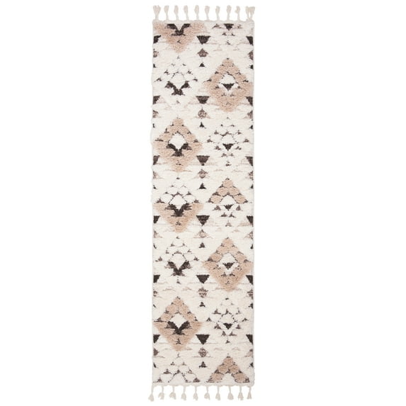 SAFAVIEH Moroccan Tassel Larry Geometric Shag Runner Rug, Ivory/Brown, 2'3" x 16'