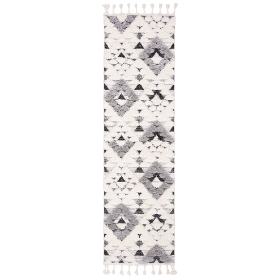 SAFAVIEH Moroccan Tassel Larry Geometric Shag Runner Rug, Ivory/Grey, 2'3" x 12'