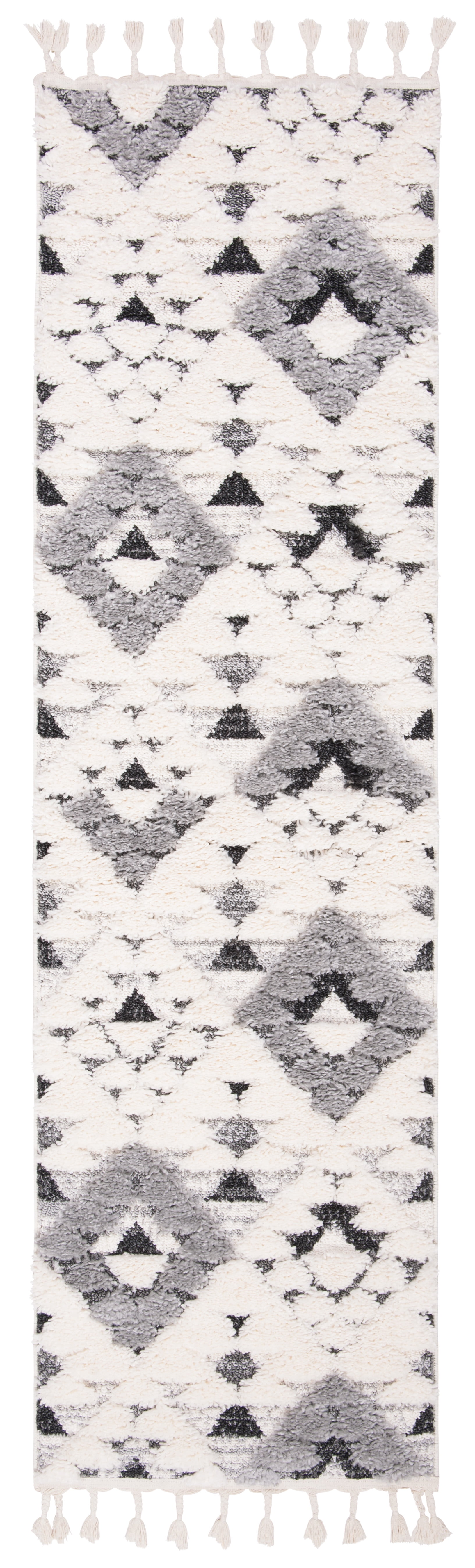 SAFAVIEH Moroccan Tassel Larry Geometric Shag Runner Rug, Ivory/Grey, 2'3" x 6'
