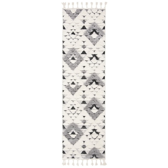 SAFAVIEH Moroccan Tassel Larry Geometric Shag Runner Rug, Ivory/Grey, 2'3" x 6'