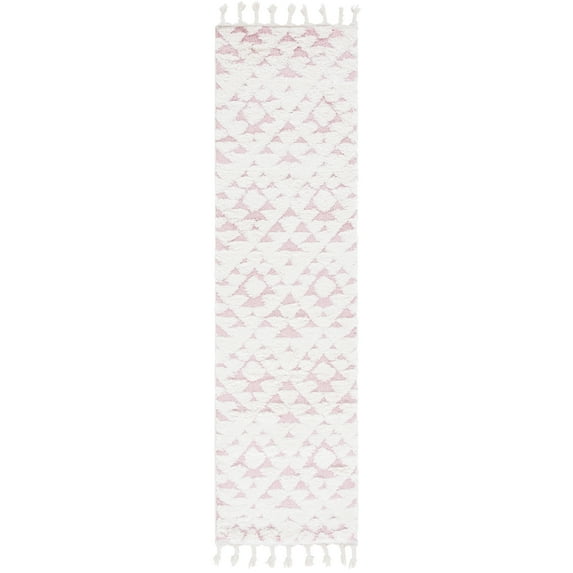 SAFAVIEH Moroccan Tassel Larry Geometric Shag Runner Rug, Ivory/Pink, 2'3" x 8'