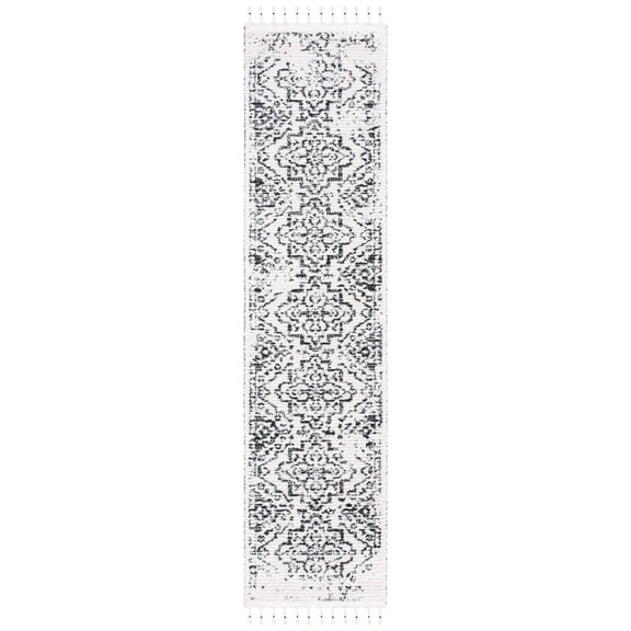 SAFAVIEH Moroccan Tassel Layla Medallion Shag Runner Rug, Ivory/Black, 2'2" x 9'