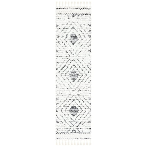 SAFAVIEH Moroccan Tassel Nessa Diamond Shag Runner Rug, Ivory/Grey, 2'3" x 12'