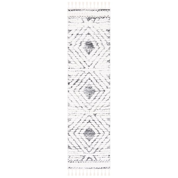SAFAVIEH Moroccan Tassel Nessa Diamond Shag Runner Rug, Ivory/Grey, 2'3" x 8'