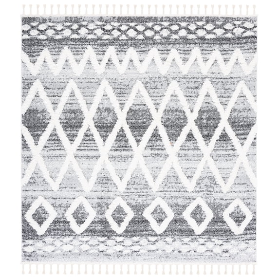 SAFAVIEH Moroccan Tassel Nevaeh Diamond Shag Area Rug, Grey/Ivory, 6'7" x 6'7" Square