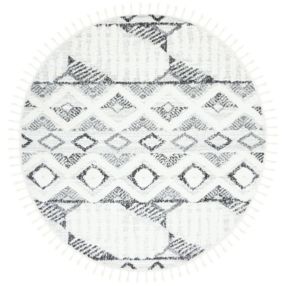 SAFAVIEH Moroccan Tassel Olgica Diamond Shag Area Rug, Ivory/Grey, 6'7" x 6'7" Round