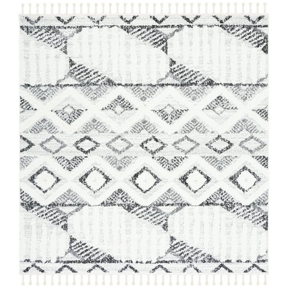 SAFAVIEH Moroccan Tassel Olgica Diamond Shag Area Rug, Ivory/Grey, 6'7" x 6'7" Square