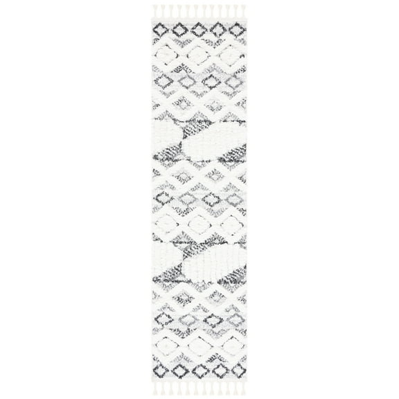 SAFAVIEH Moroccan Tassel Olgica Diamond Shag Runner Rug, Ivory/Grey, 2'3" x 8'
