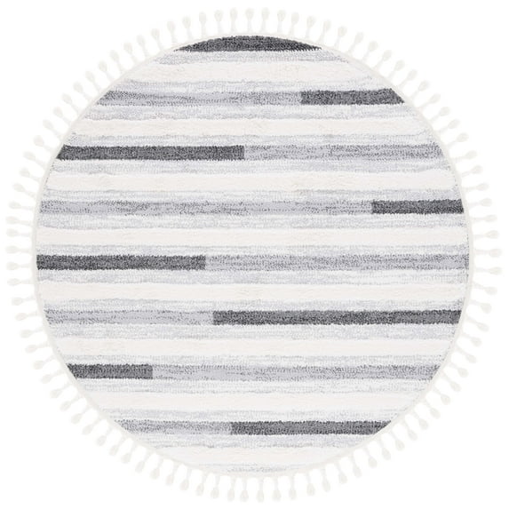SAFAVIEH Moroccan Tassel Owen Striped Shag Area Rug, Ivory/Grey, 6'7" x 6'7" Round