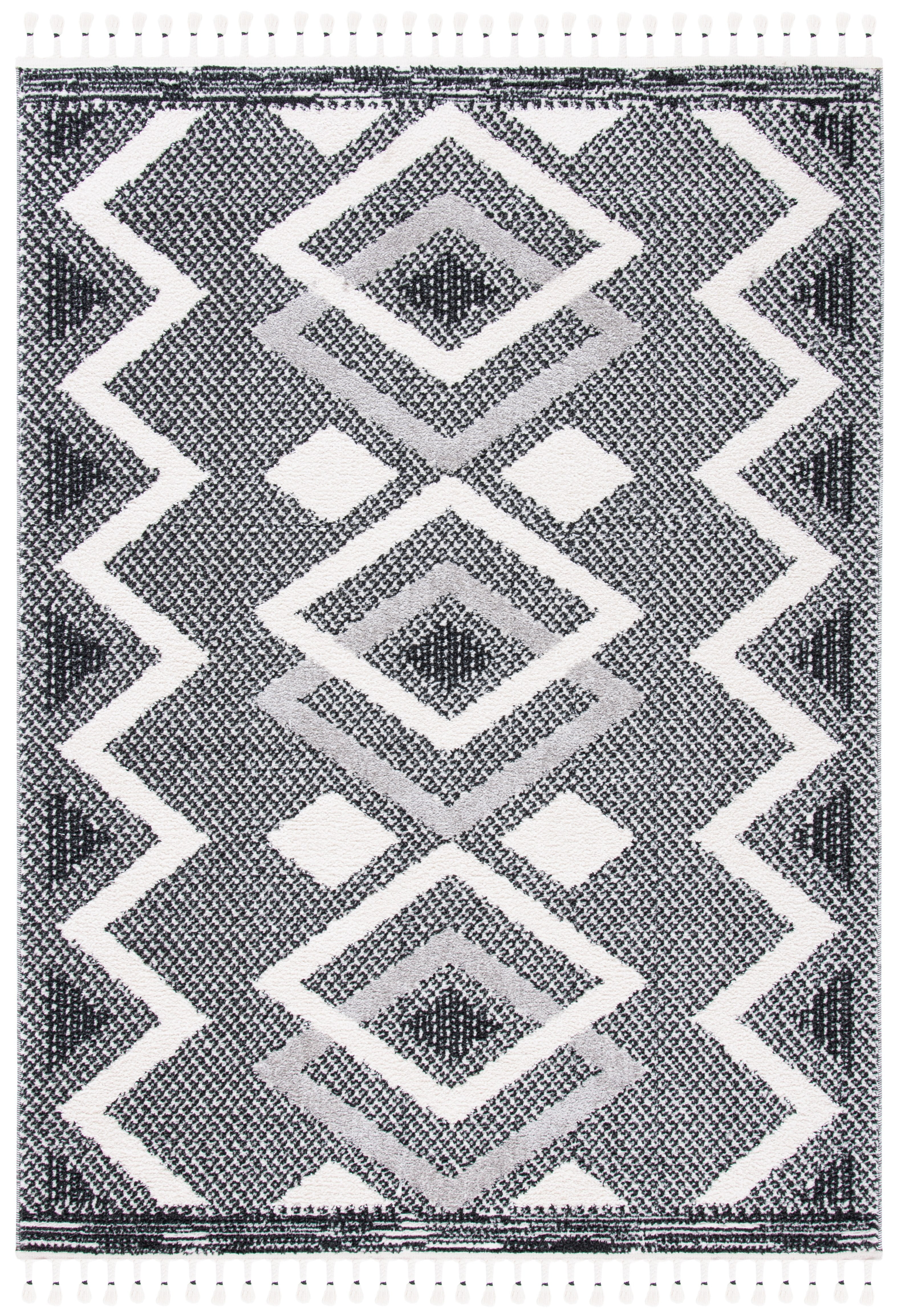 SAFAVIEH Moroccan Tassel Reanna Southwestern Shag Area Rug, Ivory/Black, 4'5" x 6'5"