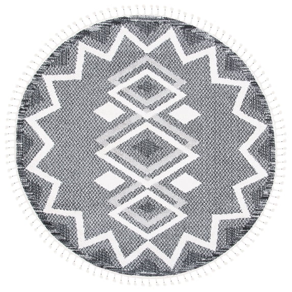 SAFAVIEH Moroccan Tassel Reanna Southwestern Shag Area Rug, Ivory/Black, 6'7" x 6'7" Round