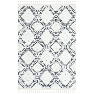 SAFAVIEH Moroccan Tassel Rosario Diamond Shag Area Rug, Ivory/Grey, 6'7" x 9'2"