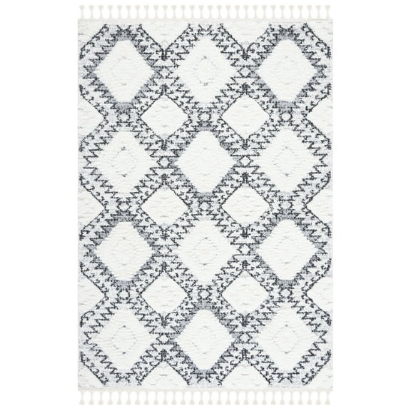 SAFAVIEH Moroccan Tassel Rosario Diamond Shag Area Rug, Ivory/Grey, 6'7" x 9'2"