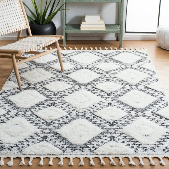 SAFAVIEH Moroccan Tassel Rosario Diamond Shag Area Rug, Ivory/Grey, 8' x 10'