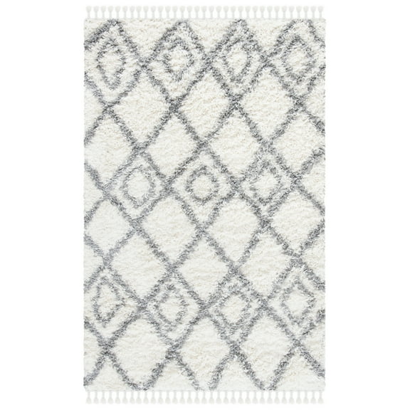 SAFAVIEH Moroccan Tassel Shag Comhgham Geometric Area Rug, Ivory/Light Grey, 4' x 6'