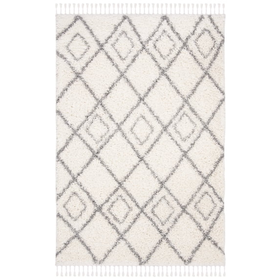 SAFAVIEH Moroccan Tassel Shag Comhgham Geometric Area Rug, Ivory/Light Grey, 5'3" x 7'6"