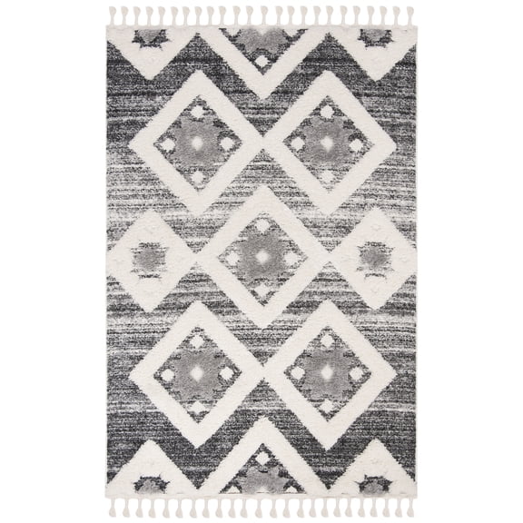 SAFAVIEH Moroccan Tassel Shag Dawson Moroccan Geometric Area Rug, Grey/Ivory, 4' x 6'