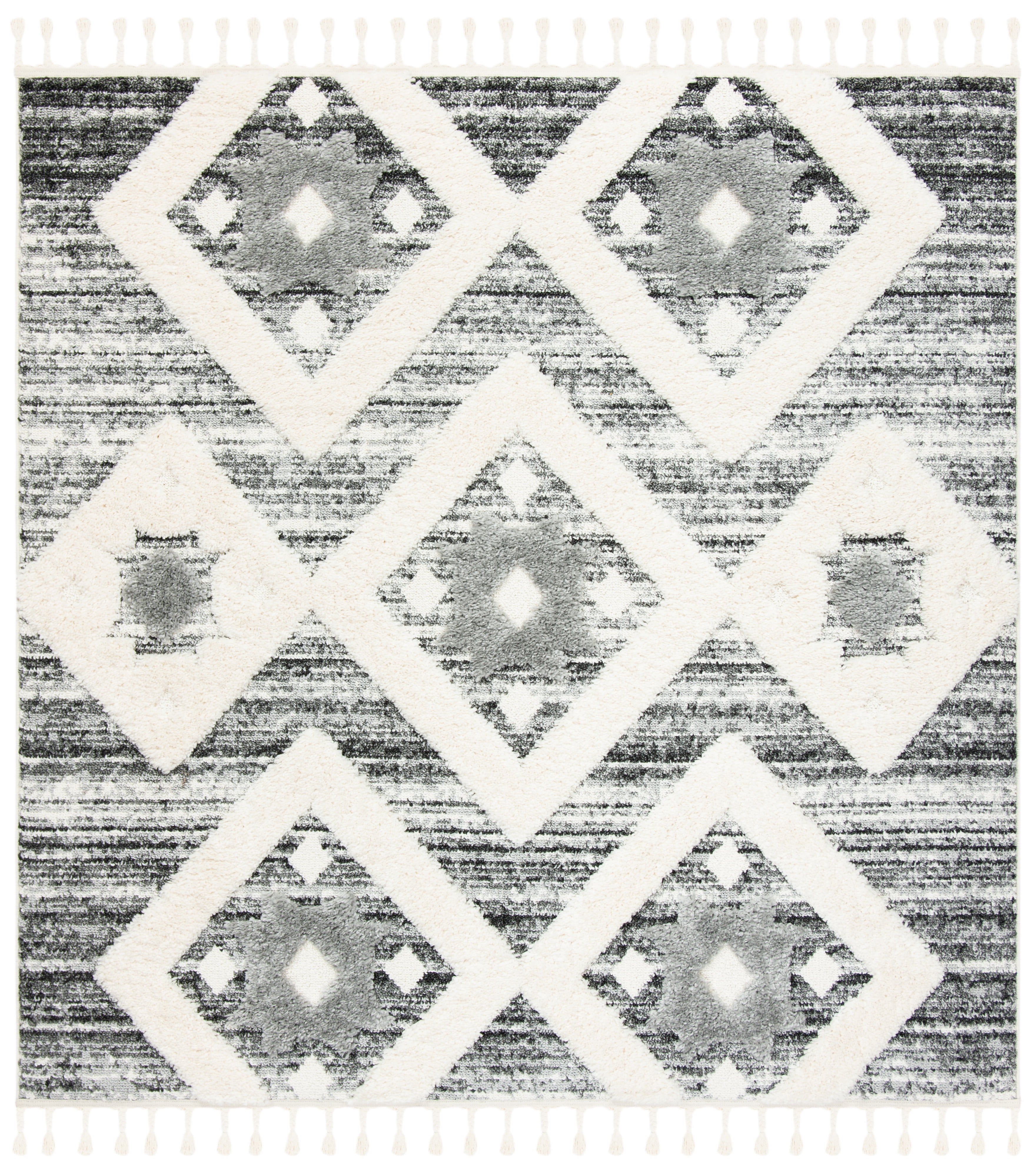 SAFAVIEH Moroccan Tassel Shag Dawson Moroccan Geometric Area Rug, Grey/Ivory, 6'7" x 6'7" Square