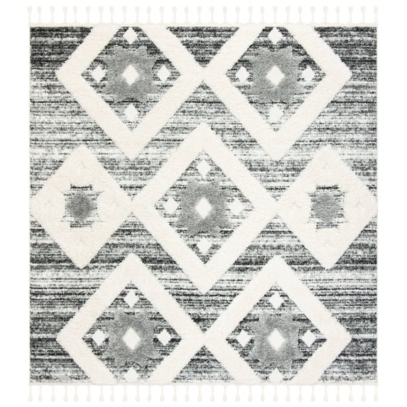 SAFAVIEH Moroccan Tassel Shag Dawson Moroccan Geometric Area Rug, Grey/Ivory, 6'7" x 6'7" Square