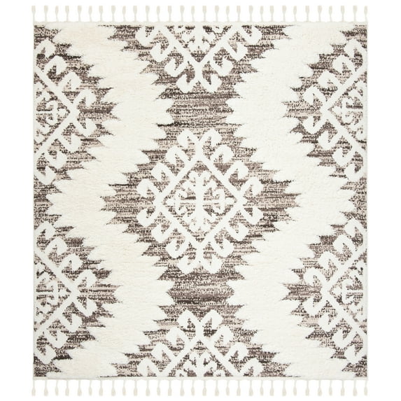 SAFAVIEH Moroccan Tassel Shag Desmond Area Rug, Ivory/Brown, 6'7" x 6'7" Square